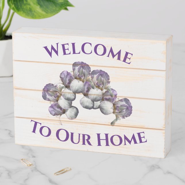 Welcome Iris Flowers Design  Wooden Box Sign (In Situ Horizontal)
