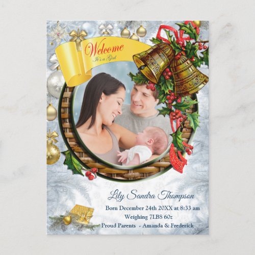 Welcome its a Christmas Baby Girl Announcement Postcard