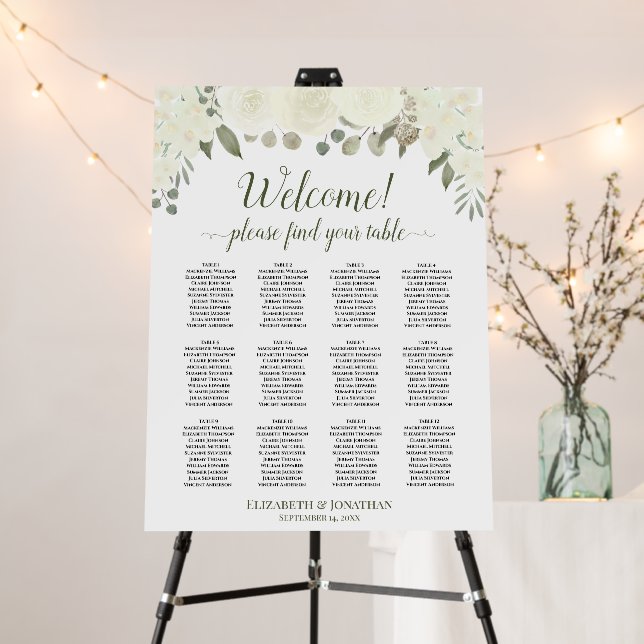 Welcome! Ivory White Floral 12 Table Seating Chart Foam Board (In Situ (Stand))