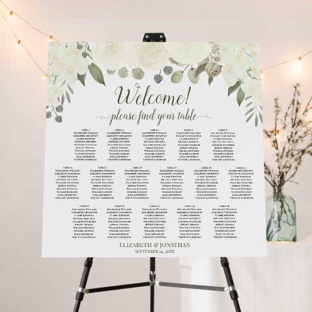 Welcome! Ivory White Floral 16 Table Seating Chart Foam Board (In Situ (Stand))