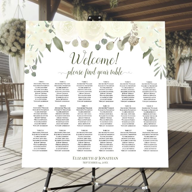 Welcome! Ivory White Floral 18 Table Seating Chart Foam Board (On Stand)