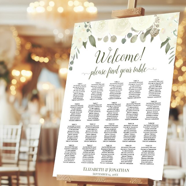 Welcome! Ivory White Floral 20 Table Seating Chart Foam Board (On Stand at Reception)