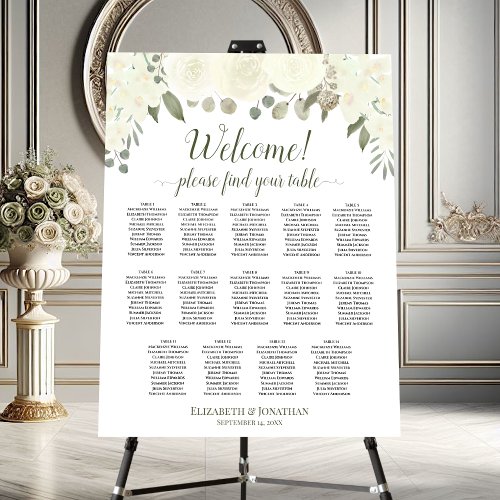Welcome Ivory White Roses 14 Table Seating Chart Foam Board