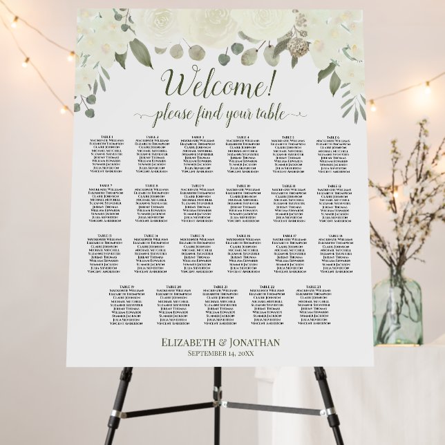 Welcome! Ivory White Roses 23 Table Seating Chart Foam Board (In Situ (Stand))
