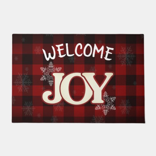 WELCOME JOY Elegant Red buffalo plaid Christmas Doormat