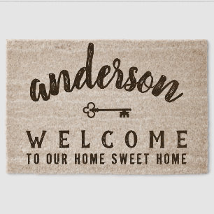 Welcome Key Personalized Family Name Script Text Fiber Doormat