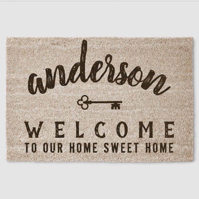 Welcome Key Personalized Family Name Script Text Fiber Doormat (Front)