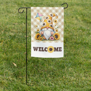 Welcome Kite Flying Sunflower Gnome Garden Flag