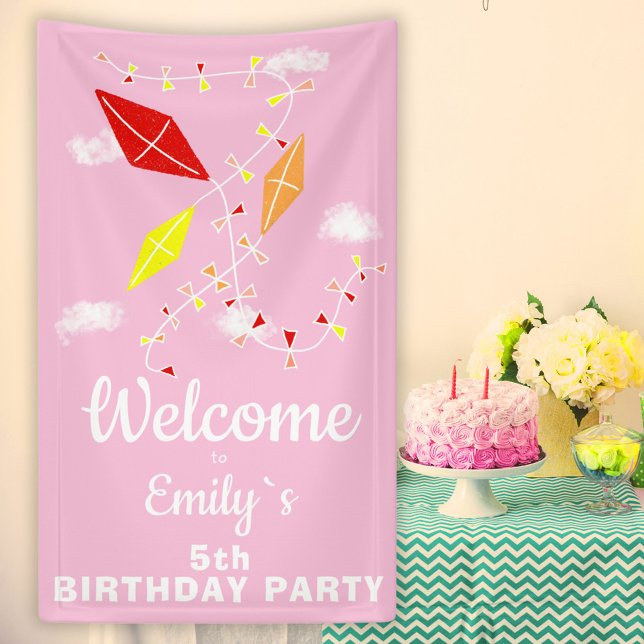 Welcome Kites in Sky Pink Girl Birthday Party Banner (Creator Uploaded)