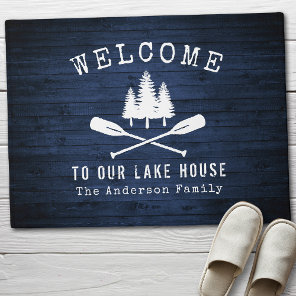 Welcome Lake House Boat Oars Trees Blue Wood Print Doormat