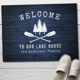 Welcome Lake House Boat Oars Trees Blue Wood Print Doormat