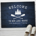 Welcome Lake House Boat Oars Trees Blue Wood Print Doormat at Zazzle