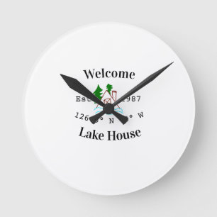 Welcome lake house corrdinated est. Year mountain Round Clock