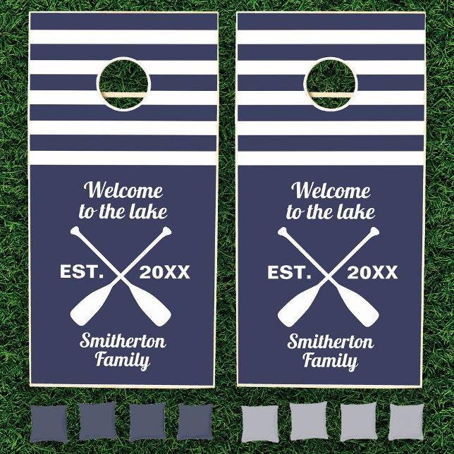 Welcome Lake Navy Blue White Oars Family Cornhole Set (Custom cornhole set for your lakehouse or vacations at the lake)
