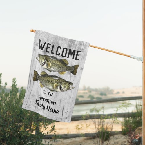 Welcome Largemouth Bass Fishing Rustic Family Name House Flag