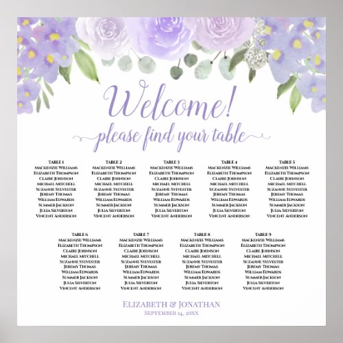 Welcome Lavender Boho Roses 9 Table Seating Chart