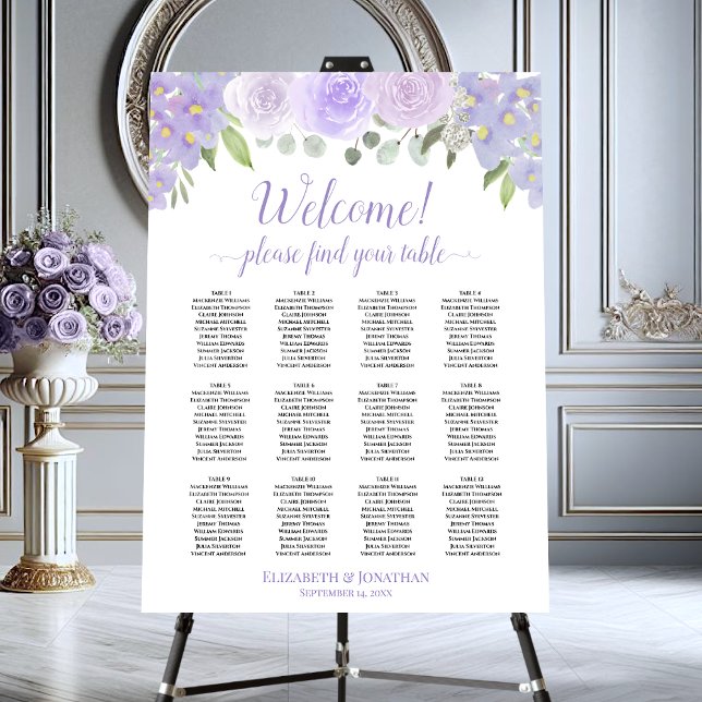 Welcome! Lavender Floral 12 Table Seating Chart Foam Board (In Situ on Stand)