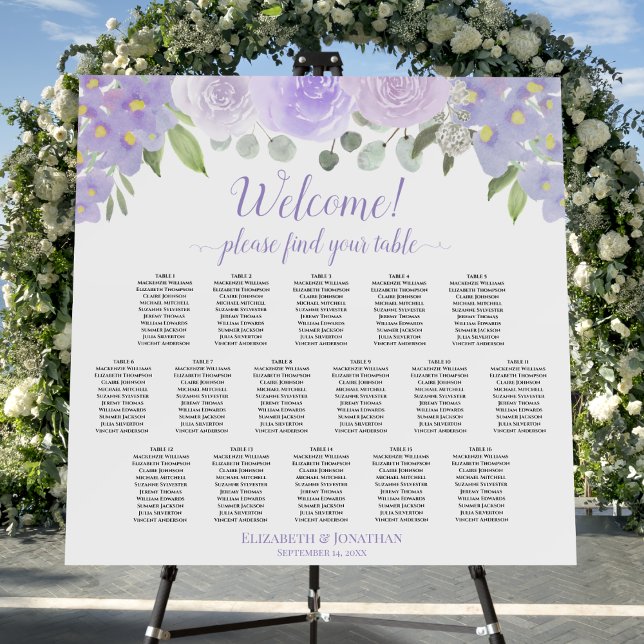 Welcome! Lavender Floral 16 Table Seating Chart Foam Board (In Situ on Stand)