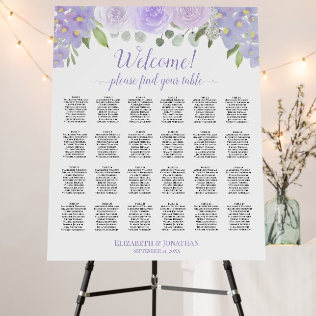 Welcome! Lavender Floral 24 Table Seating Chart Foam Board (In Situ (Stand))