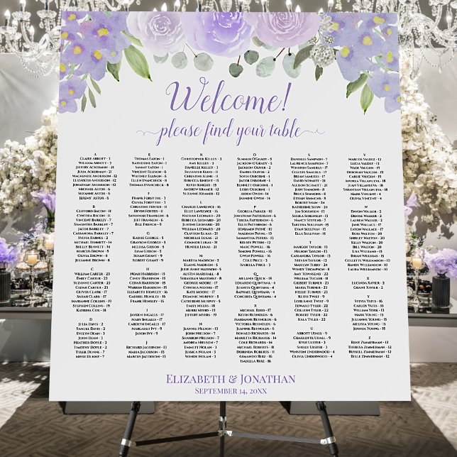 Welcome Lavender Floral Alphabetical Seating Chart Foam Board (In Situ on Stand with Flowers)