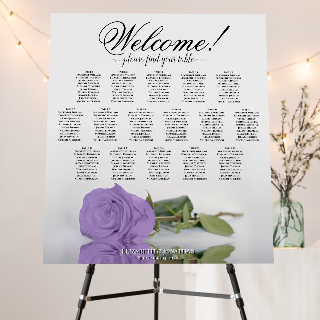 Welcome! Lavender Rose 16 Table Seating Chart Foam Board (In Situ (Stand))