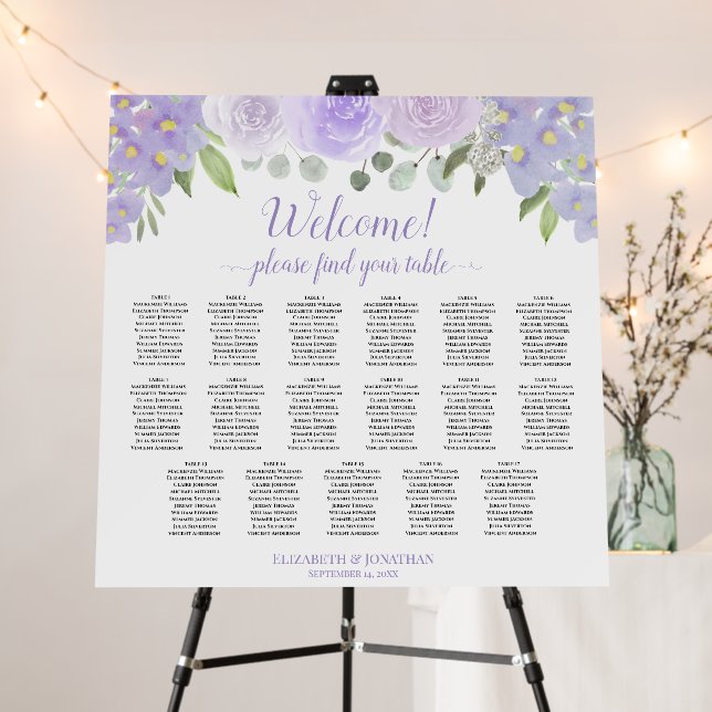 Welcome! Lavender Roses 17 Table Seating Chart Foam Board (In Situ (Stand))