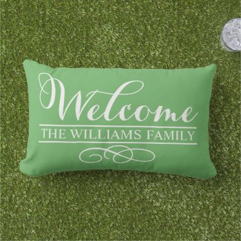 Welcome Leaf Green Custom Last Name Lumbar Pillow by plushpillows at Zazzle