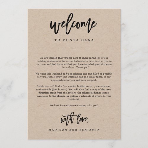 Welcome Letter and Itinerary Wedding Welcome Bag Program