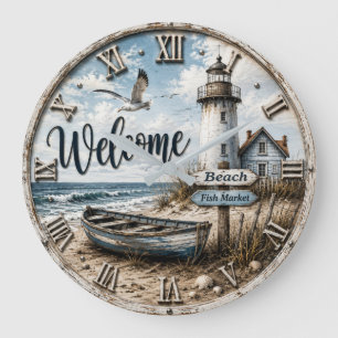 Welcome Lighthouse Coastal Nautical Beach House Large Clock