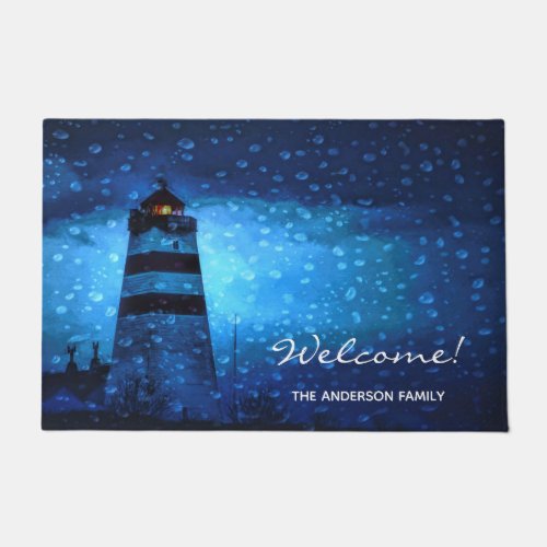 Welcome lighthouse tower stormy dark blue night doormat