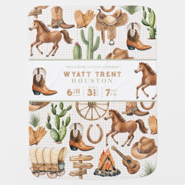 Welcome Little Cowboy Baby Name Pattern Western Blanket (Front)