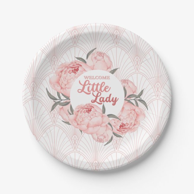 Welcome Little Lady Blush Pink Peony Paper Plates (Front)