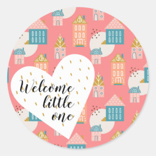 Welcome Little One Boho Baby heart houses Scandi Classic Round Sticker