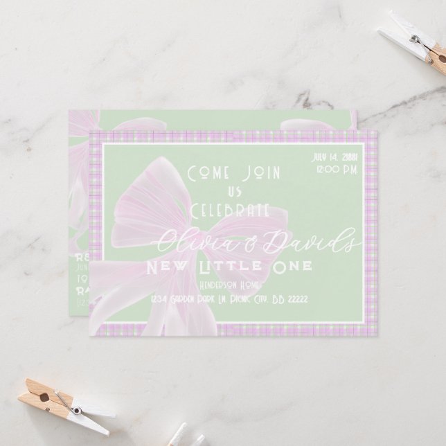 Welcome Little One-Coquette pink bow and Plaid  Invitation (Front/Back In Situ)