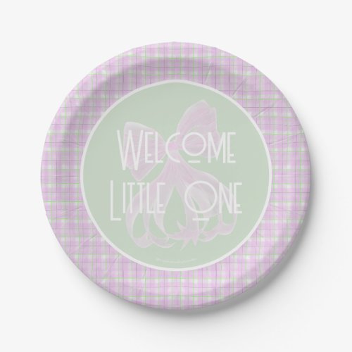 Welcome Little One-Coquette pink sheer bow plaid  Paper Plates