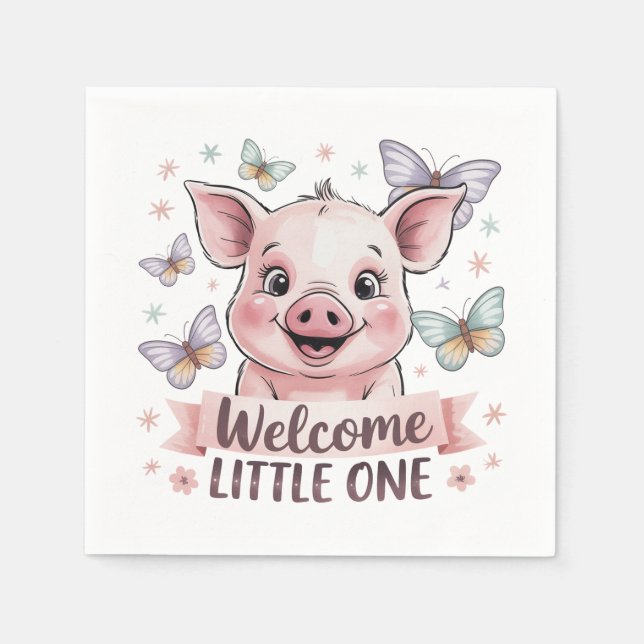 Welcome Little One - Cute Piglet Baby Shower Napkins (Front)
