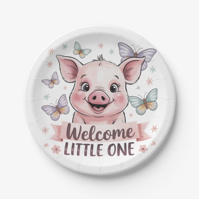 Welcome Little One - Cute Piglet Baby Shower Paper Plates (Front)