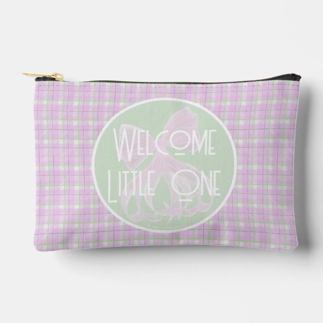 Welcome Little One-pink bow and pink plaid wipe  Accessory Pouch (Front)