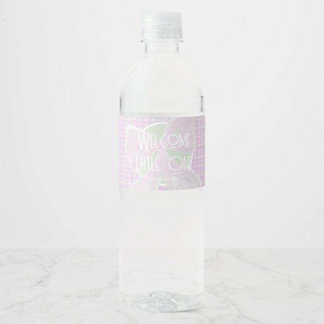 Welcome Little One pink bow plaid Water Bottle Label (Front)