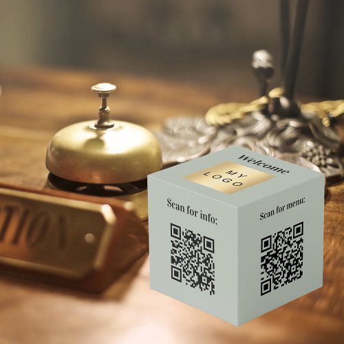 Welcome logo QR code olive green info table Cube