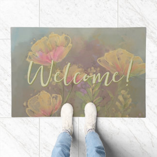Welcome Loose floral Watercolor muted earth tones  Doormat