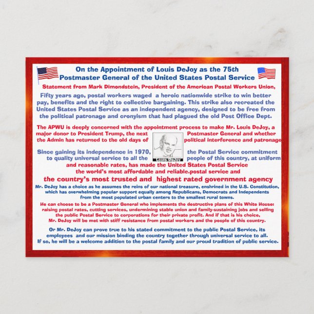 Welcome Louis DeJoy to the USPS#2 Postcard (Front)