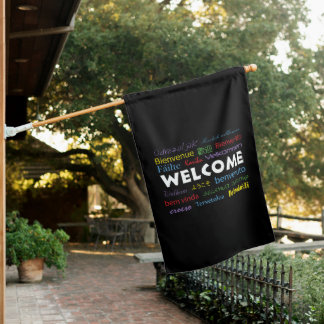 Welcome Many Languages Colorful Black Background House Flag