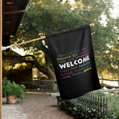 Welcome Many Languages Colorful Black Background House Flag