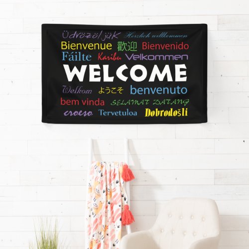 Welcome Many Languages Colorful Typography Black Banner