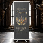 Welcome Masquerade Birthday Party Retractable Banner<br><div class="desc">Set the stage for an enchanting celebration with the Welcome Masquerade Birthday Party Retractable Banner! Featuring elegant designs with rich gold, black, and deep jewel tones, this banner is adorned with ornate masks and intricate details that perfectly capture the allure of a masquerade. Personalize it with a name or special...</div>