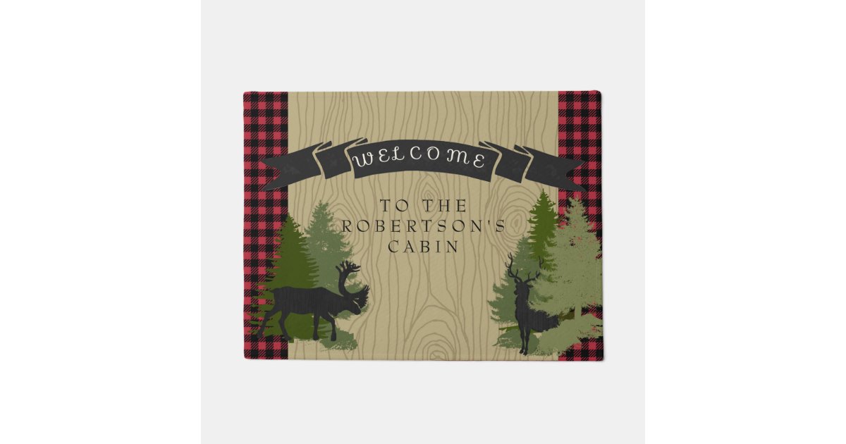 Welcome Mat Personalized Name Mountain Cabin Deer Zazzle Com