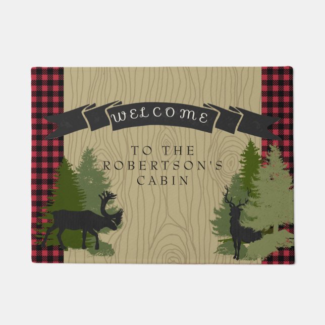 Welcome Mat Personalized Name Mountain Cabin Deer (Front)