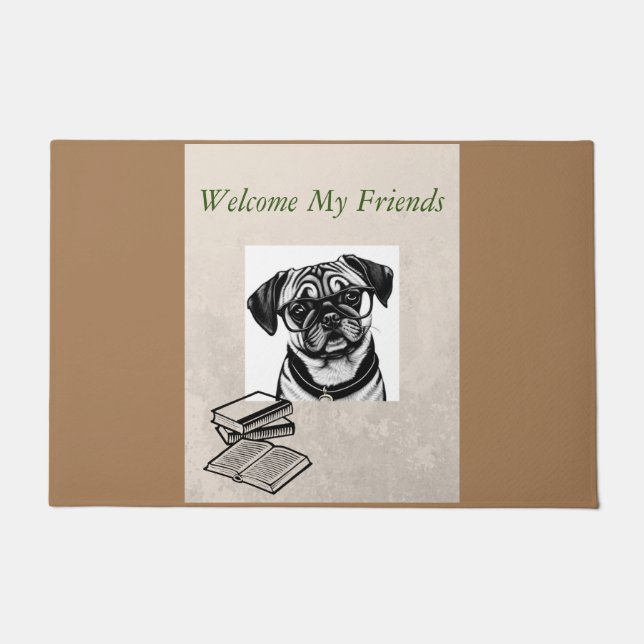 Welcome Mat with Dachshund Pug Mix in Glasses (Front)