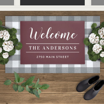 Welcome Merlot Red Personalized Family Name Doormat by Plush_Paper at Zazzle